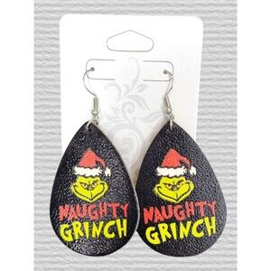 Christmas Lightweight Naughty Grinch Faux Leather Dangle Earrings Double Sided